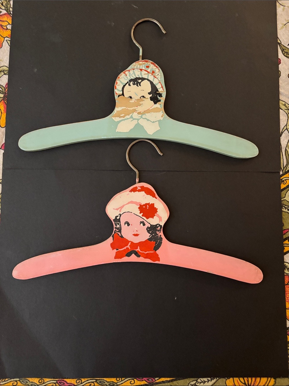 Vintage-Inspired Kids Wooden Hangers in Pink and Light Blue with Doll Motifs